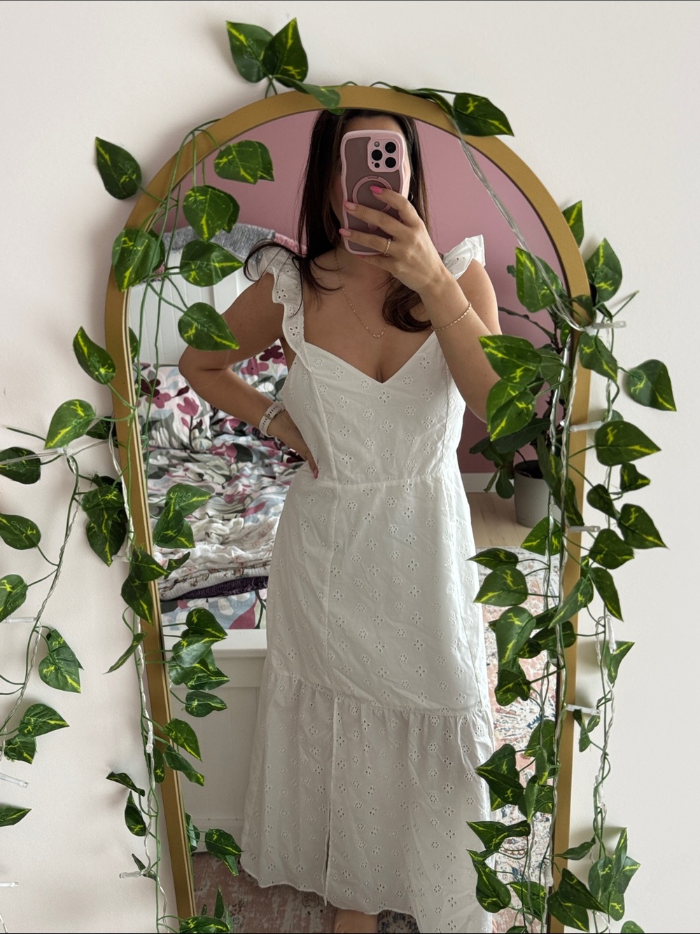 H&M White Eyelet Midi Dress with Ruffle Shoulders